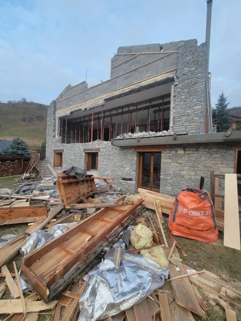 Chalet exterior construction site with scaffolding